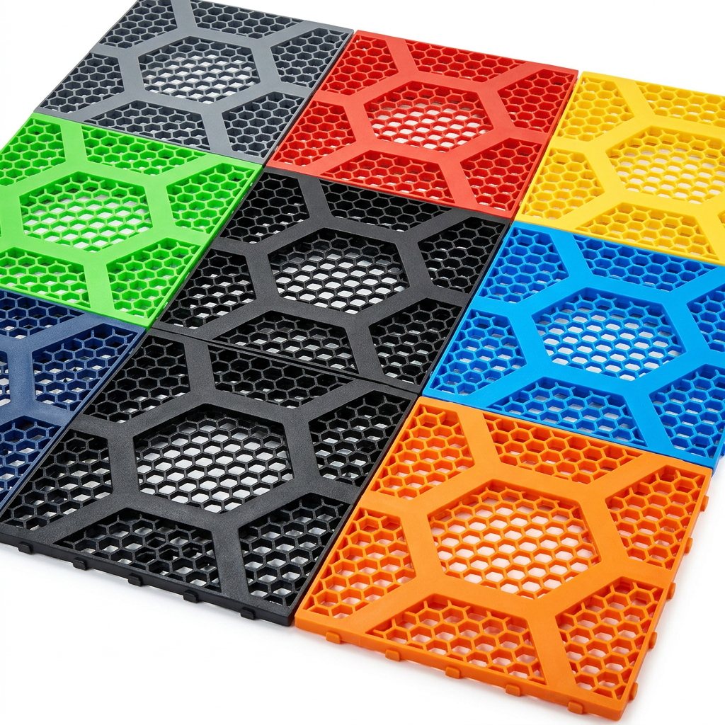 Composição com placas Hexafloor em várias cores montadas lado a lado